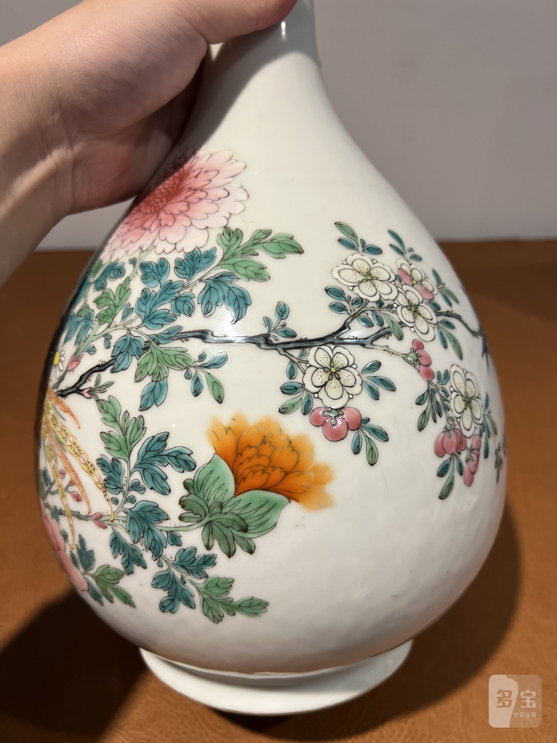 清雍正 粉彩花鸟纹蒜头瓶 - 图8